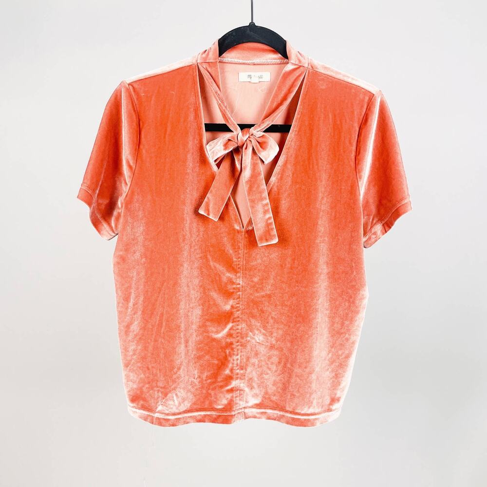 Madewell Orange Velvet Tie Top Blouse Shirt Velour Retro Preppy Casual